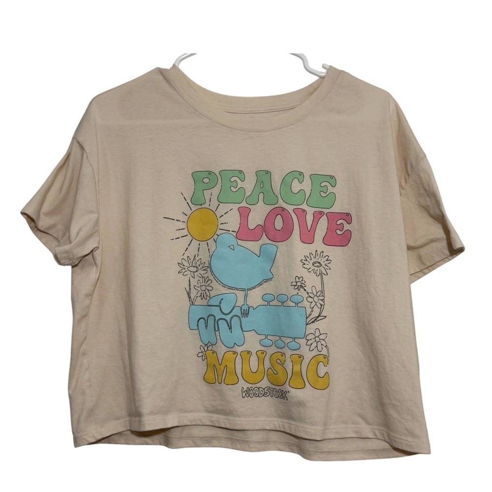 Old Navy Woodstock Graphic Tee Beige Peace Love Music Women Large Retro Festival
